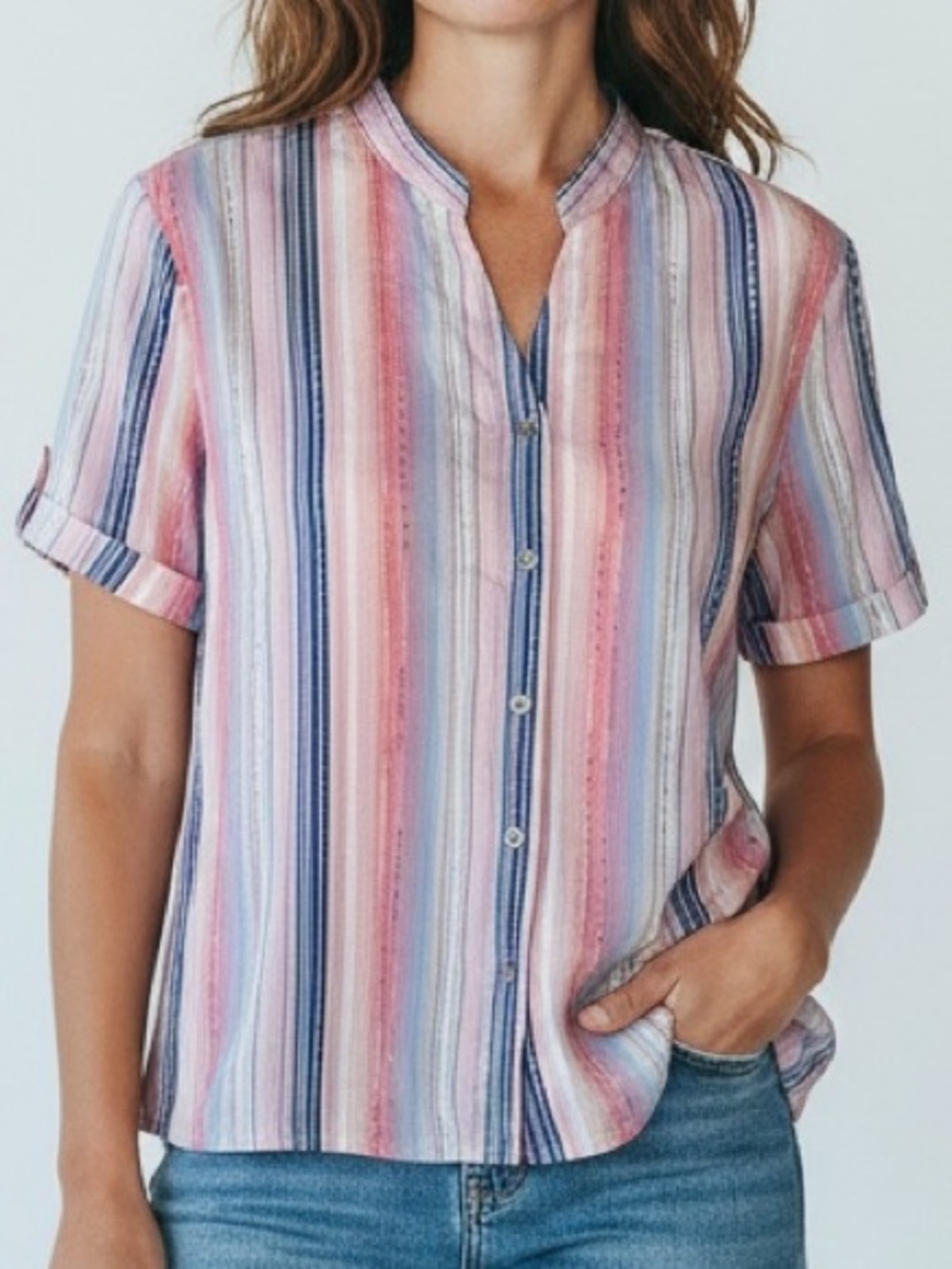 Alfred Dunner Pastel Striped Button-Up in Pink, Blue & Cream
